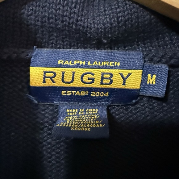 Rugby Ralph Lauren Vintage M‎ blue Cotton knit Shawl Collar Sweater Men toggle